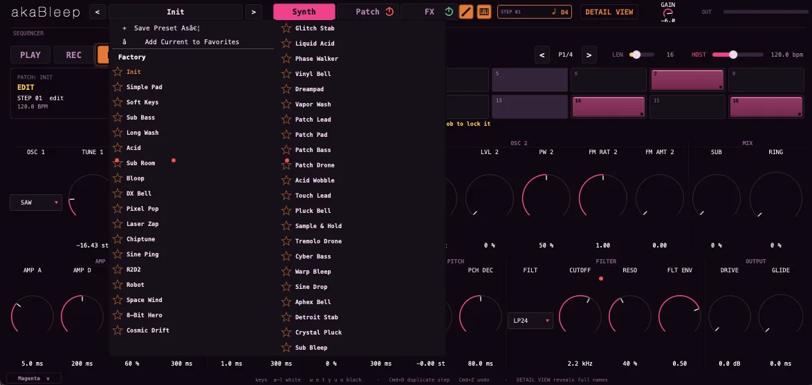 Presets — factory patch browser
