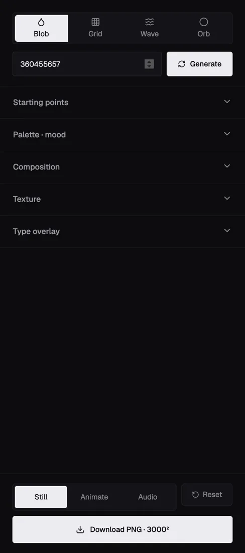 Controls — engine, seed, palette, motion
