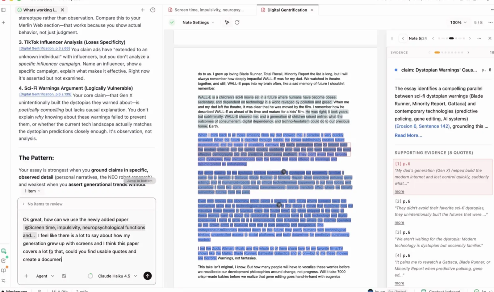 An evidence card — a single claim, the paragraph it was drawn from, and the eight supporting quotes (with page numbers) that back it, opened beside the highlighted source note