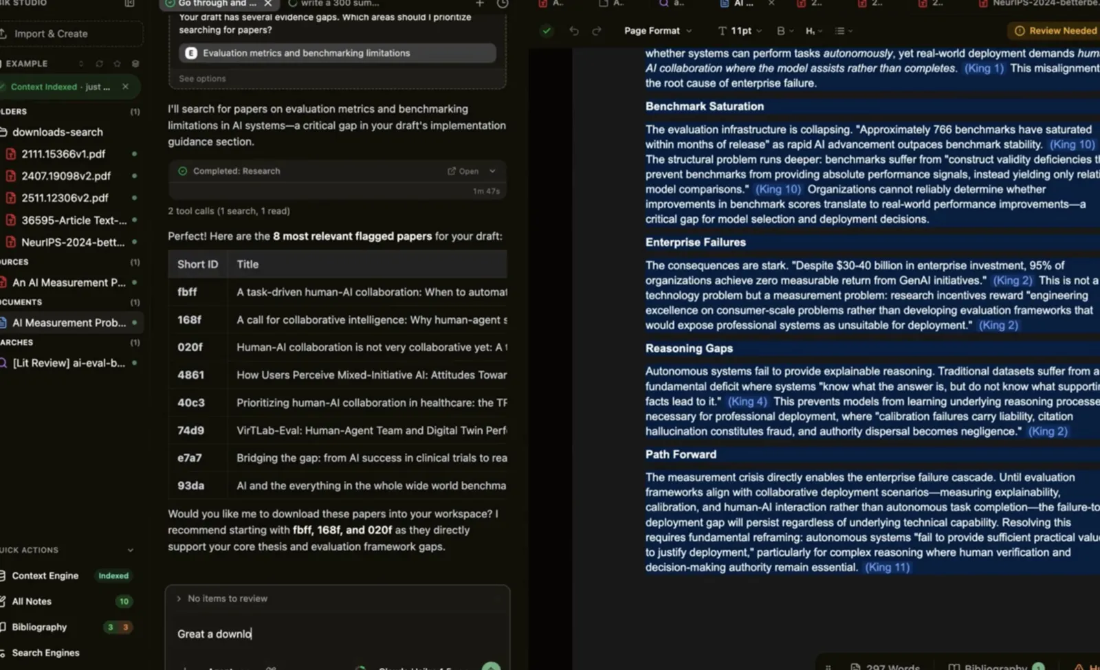 Agentic search returns a ranked shortlist of flagged papers on the left; on the right, a drafted document where every claim carries an inline citation back to a real source (King 1, King 2 …)