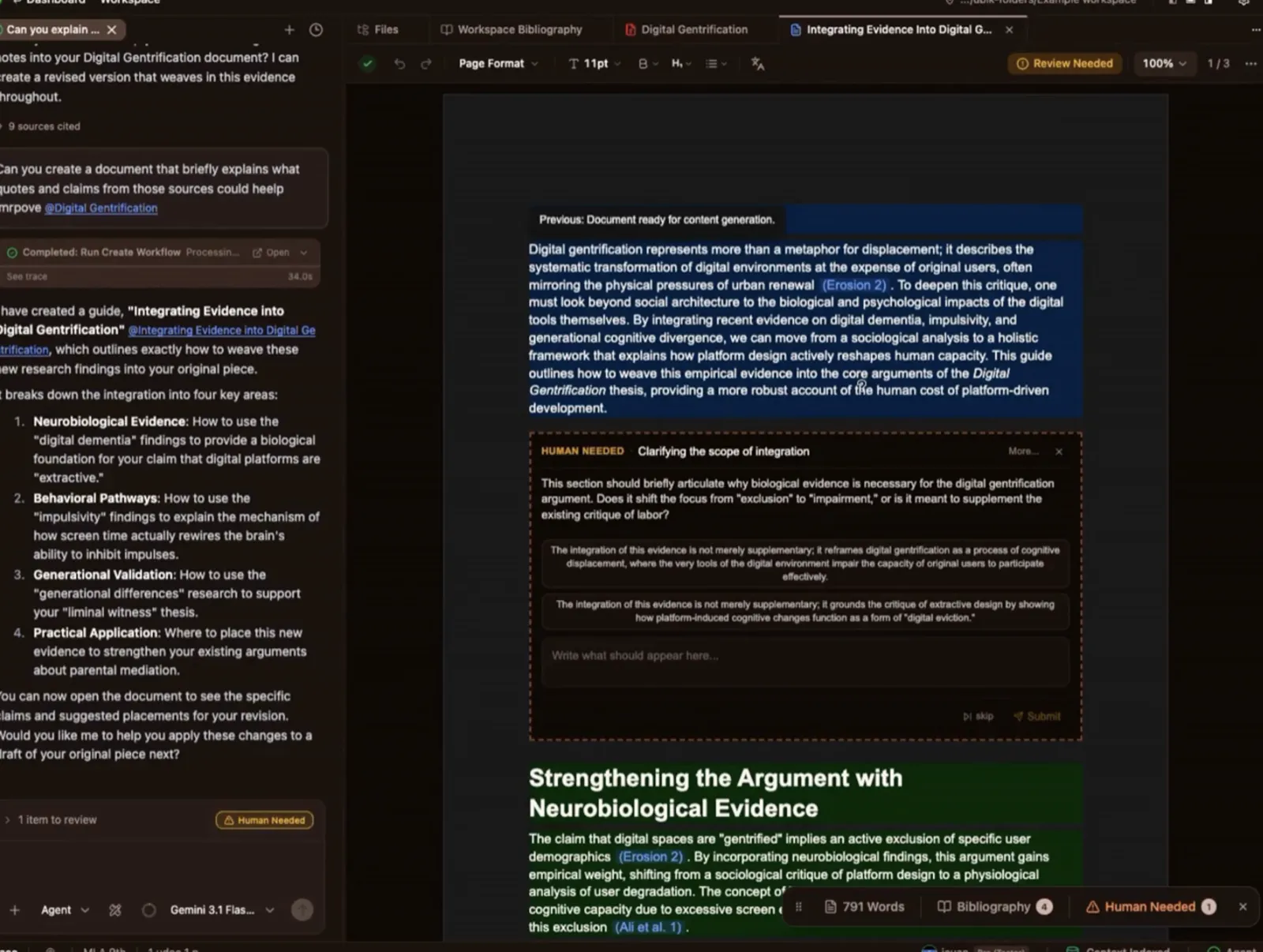 A Human Needed block embedded mid-document: the agent stops, states the judgment it needs, offers two candidate drafts and a free-write, and waits — skip or submit, tracked in the status bar