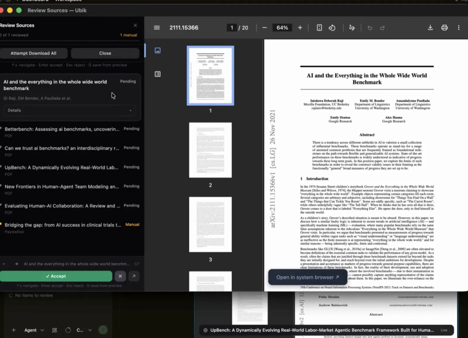 The Review Sources queue — each flagged paper (some auto, one manual/paywalled) previewed in full before it is accepted, driven entirely by the keyboard: arrow to navigate, enter to accept, esc to reject