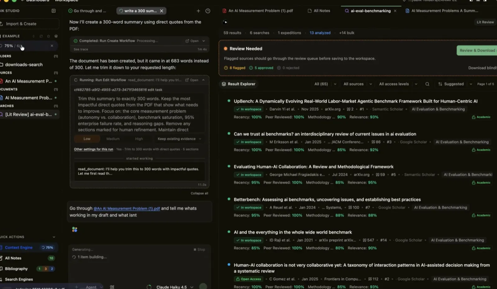 The Result Explorer scoring sources on recency, peer-review, methodology, and relevance — behind a Review Needed gate that makes you review-and-download rather than download blindly. Left: an edit workflow trimming a draft at a chosen intensity while sources index in the background