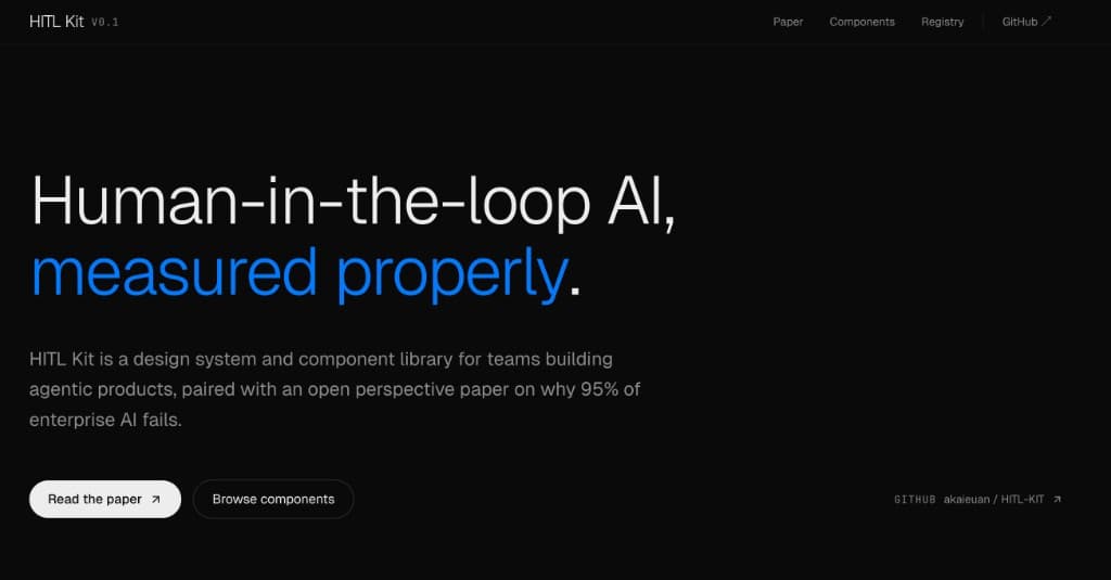 HITL Kit — landing preview with headline and navigation