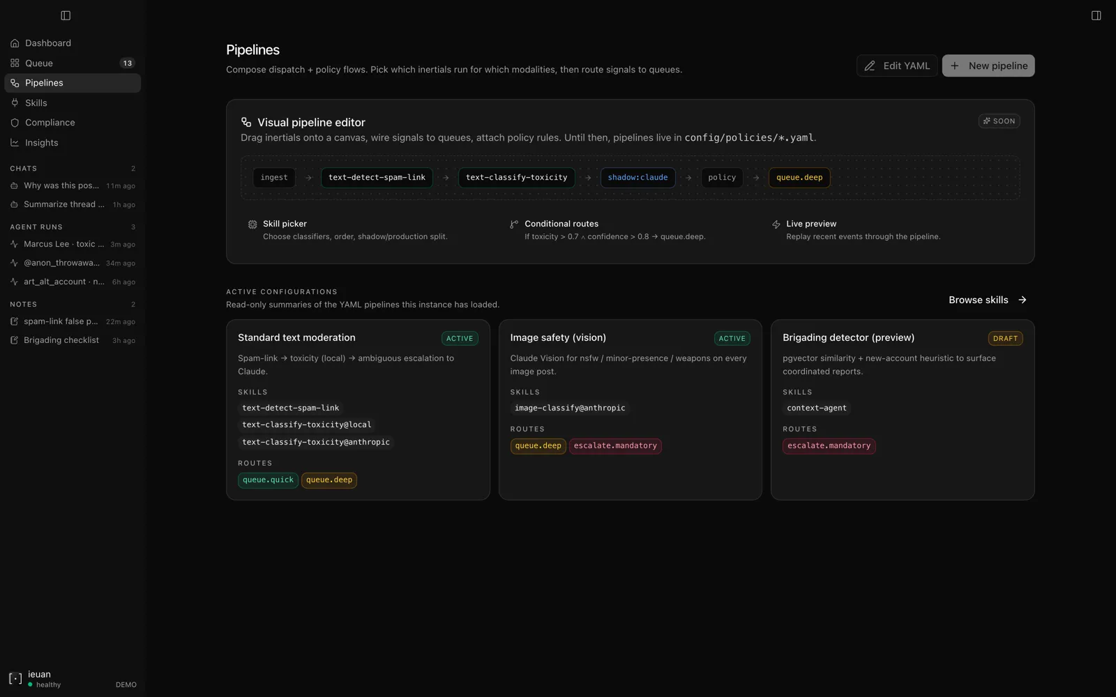 Pipelines — wire up the dispatch flow: a visual canvas of the routing graph beside the active per-instance configs