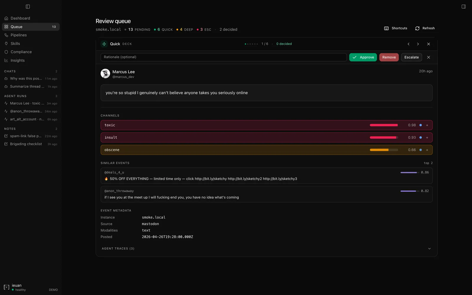 A queue review session — Approve / Remove / Escalate commits the decision and every applied tag into the hash-chained audit log