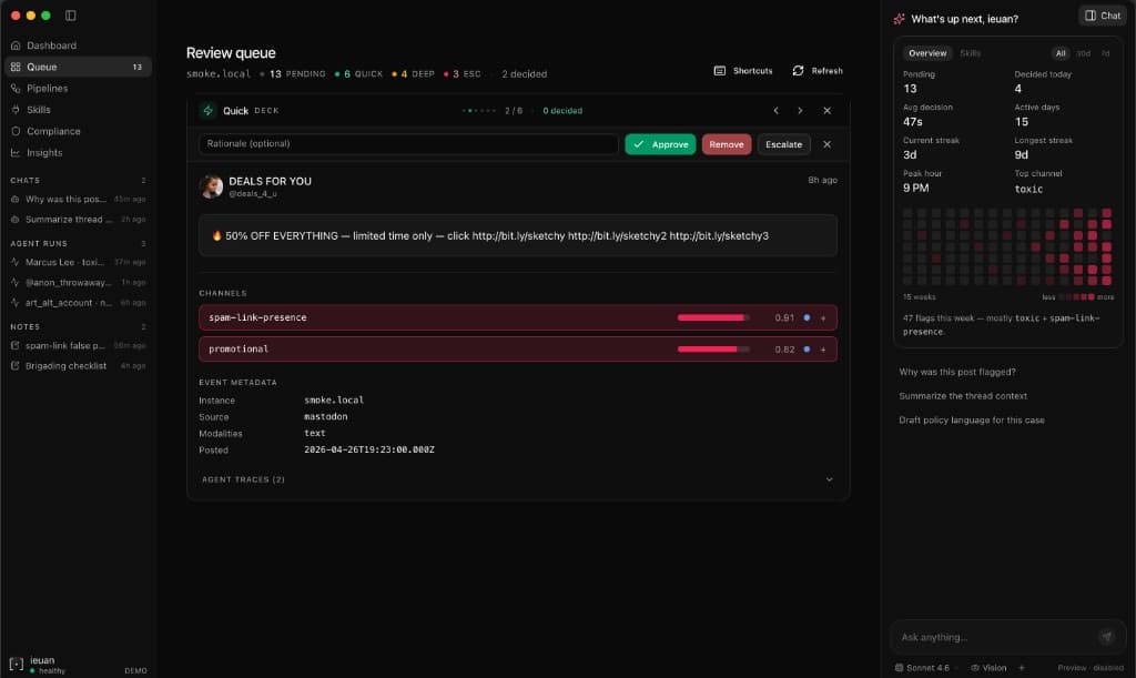 Inertial review queue: per-item channel chips, reviewer-tag picker, agent traces, similar events