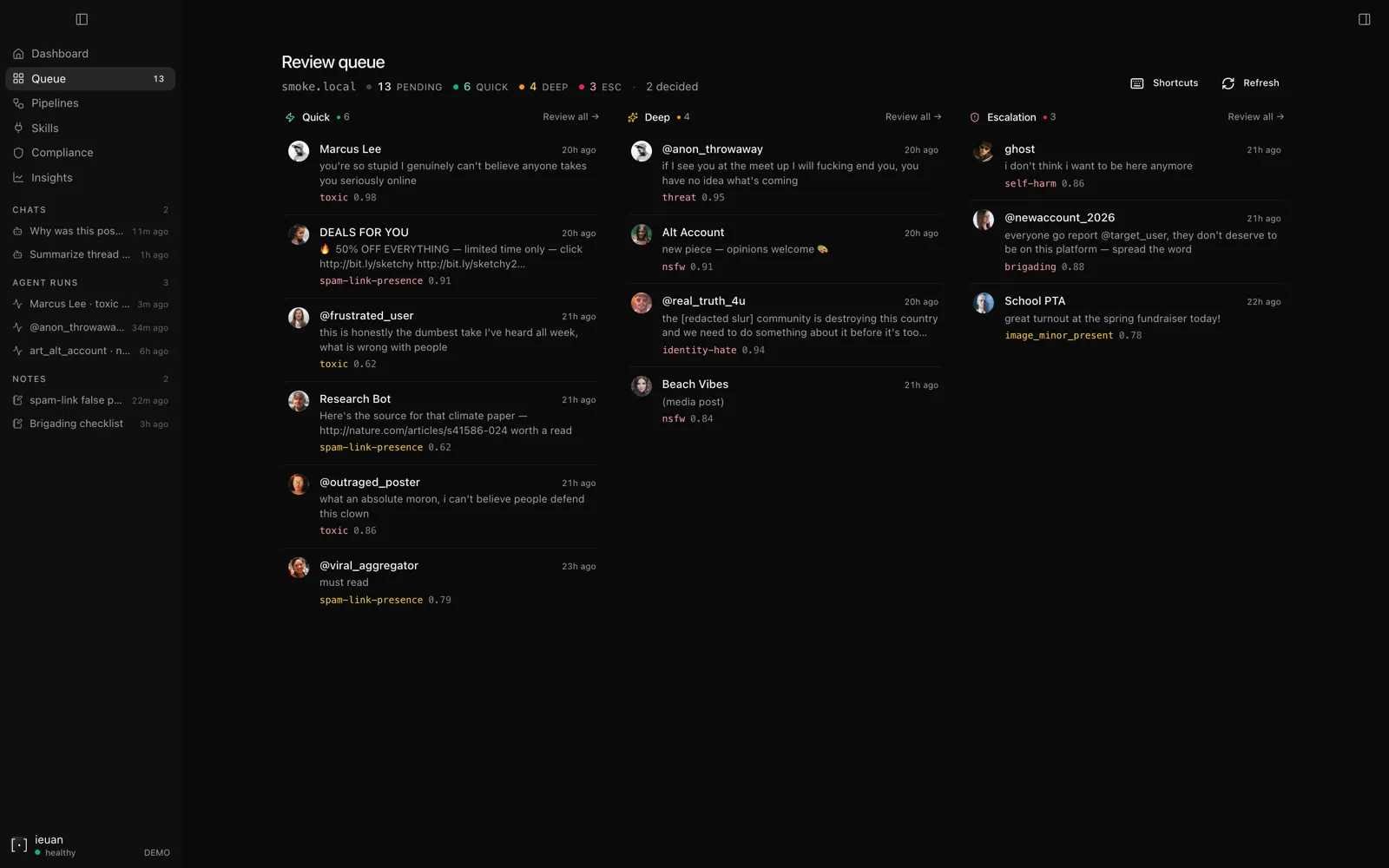 The queue — three decks, click to review inline; worked as decks rather than an infinite list