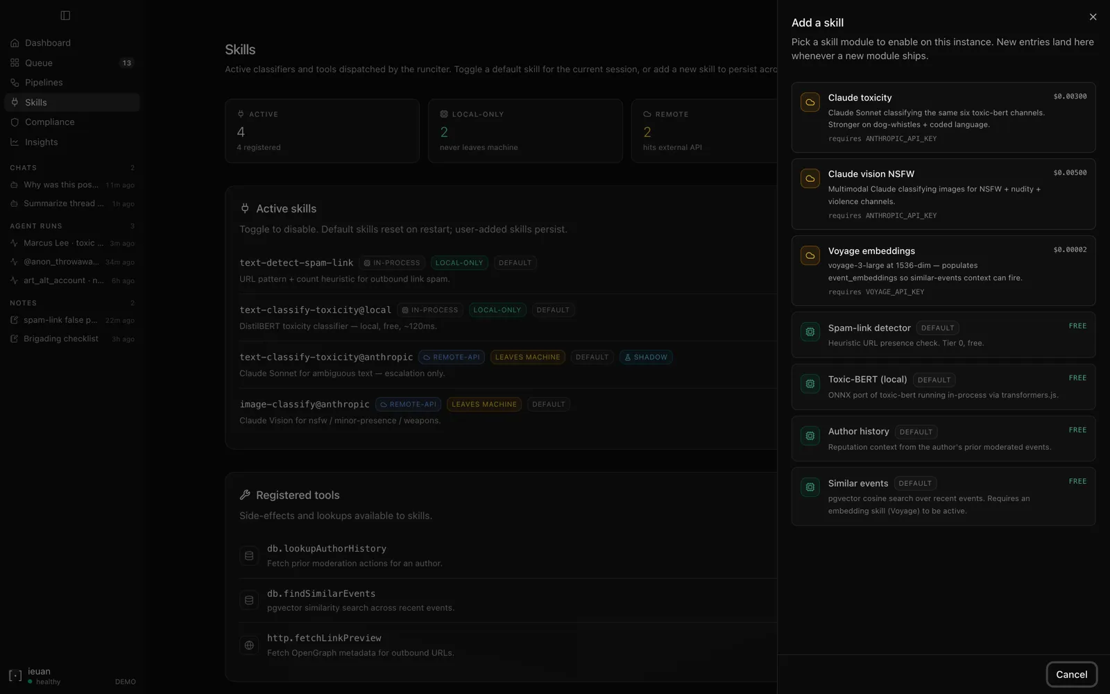 The create sheet — registering a new classifier with its typed signal contract