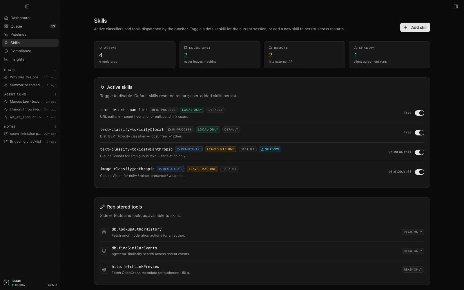 Skills — what the Runciter is allowed to do: catalog + per-instance registration, with per-skill status